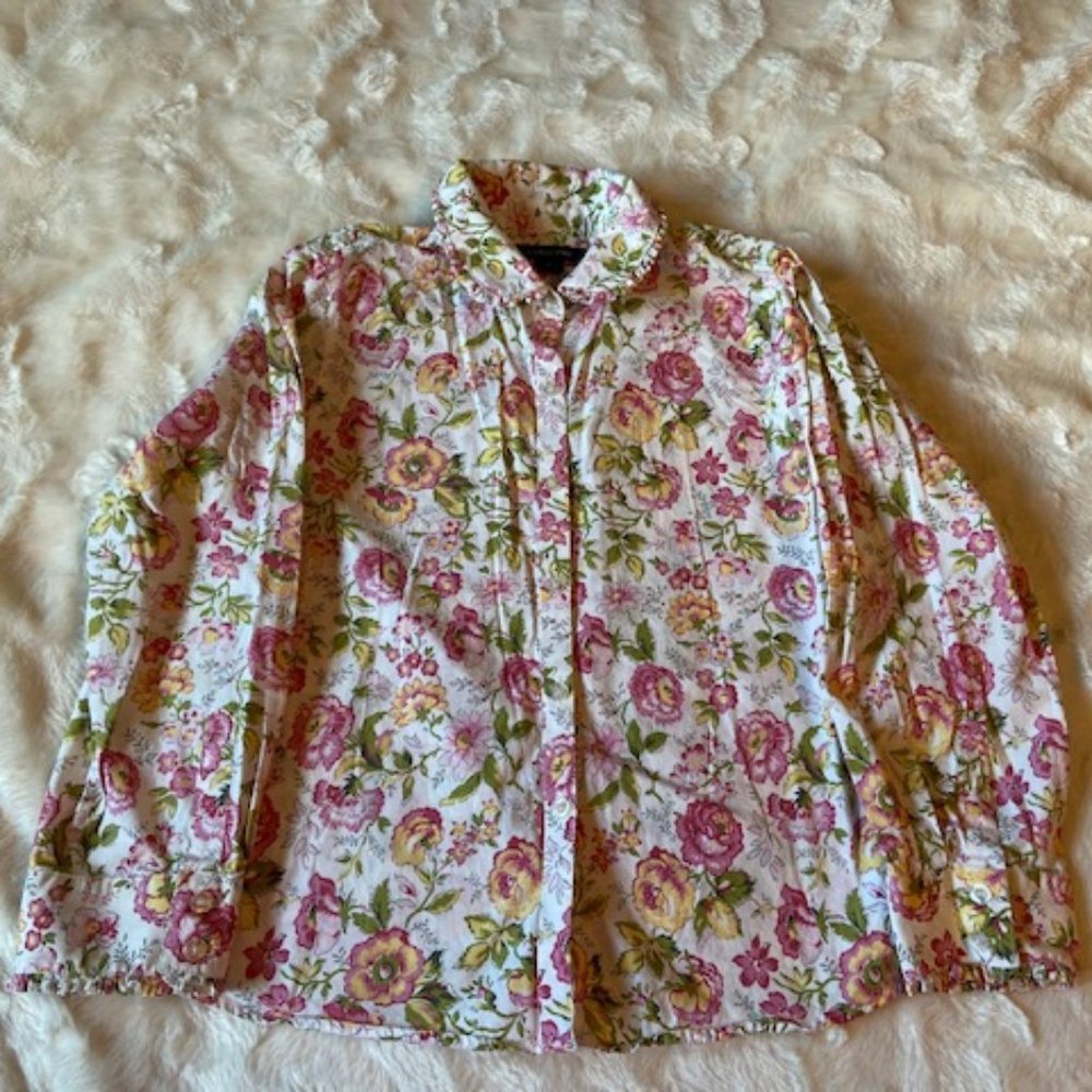 $12 ADD ON Lands' End Girls Floral Button-Up Shirt Size 8+ White Long Sleeve